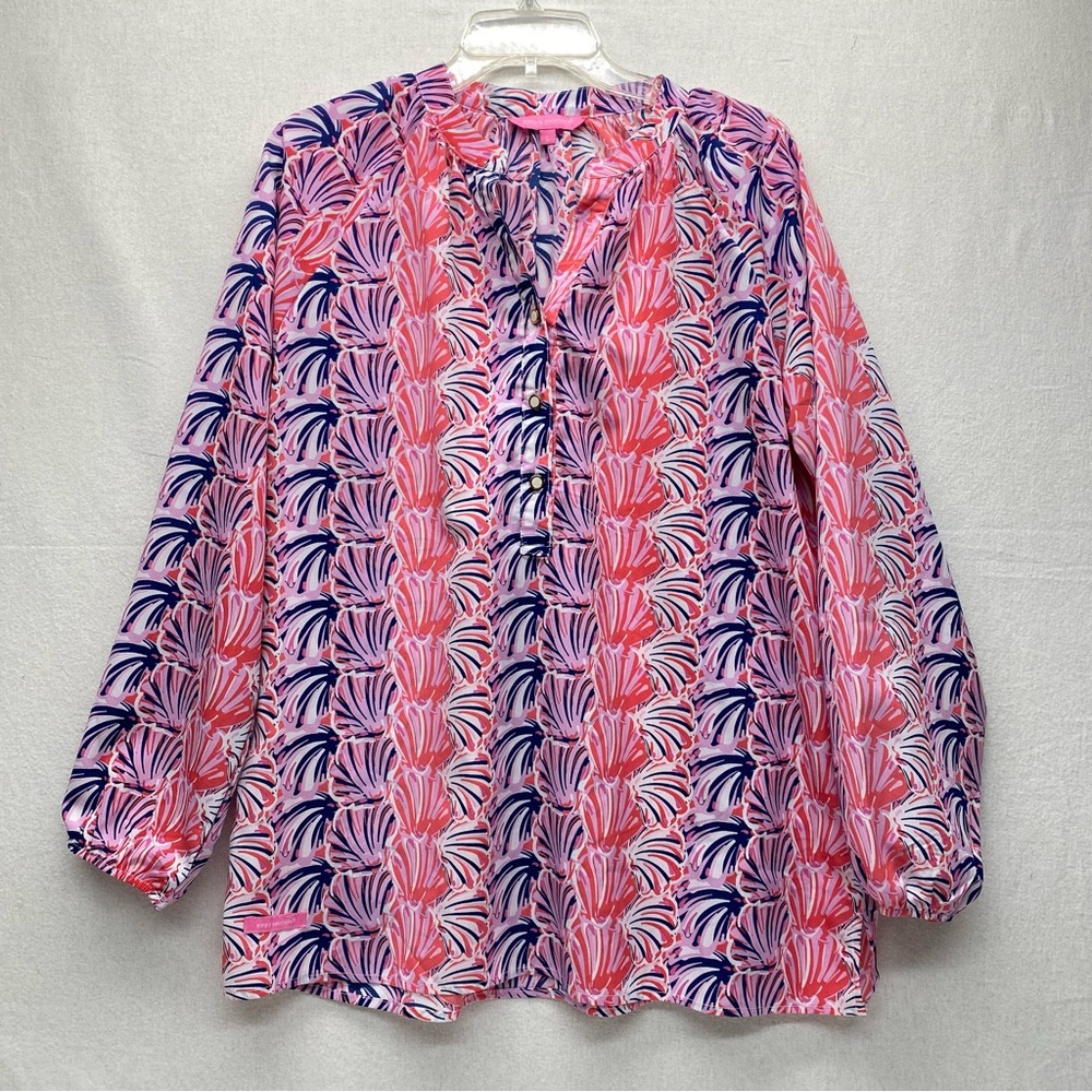 Simply Southern Large Peasant Blouse w/ Pink Blue Seashell Print Beach Resort